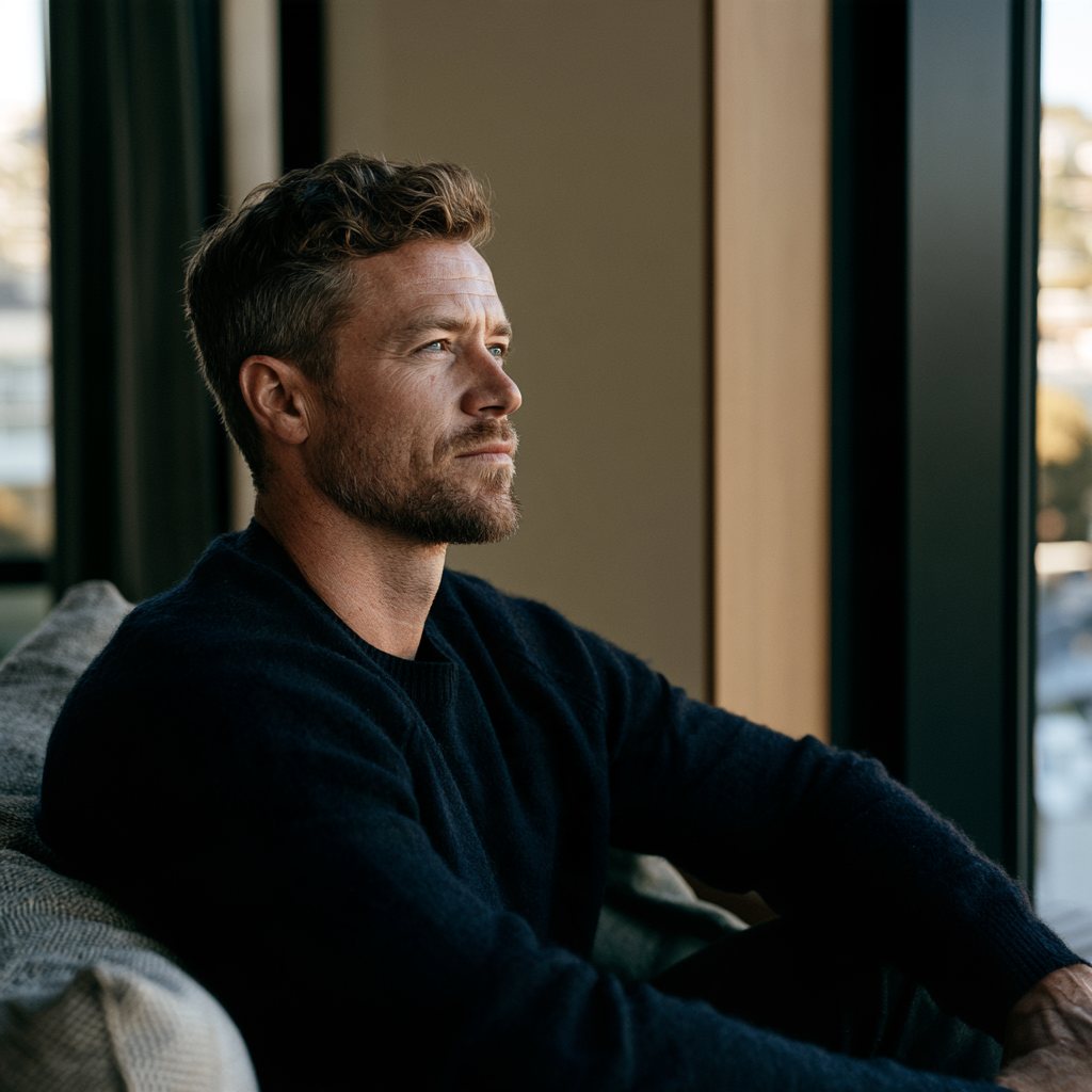 A business owner sitting by a window, deep in thought